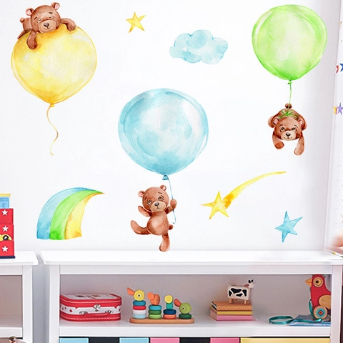 Cartoon Bear Balloon Rainbow Star Wall Stickers For Kids Room Nursery Watercolor PVC Self Adhesive Decor Wall Decals
