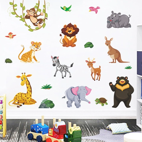 Cartoon Dschungeltiere Wandtattoo Für Kinderzimmer Kindergarten PVC Abnehmbar Selbstklebend Affe Elefant Giraffe Dekor
