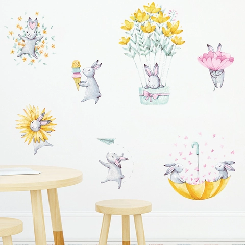 Schattige Aquarel Konijn Bloem Paraplu PVC Muurstickers Voor Kinderslaapkamer Kleuterschool DIY Cartoon Dieren Muurstickers