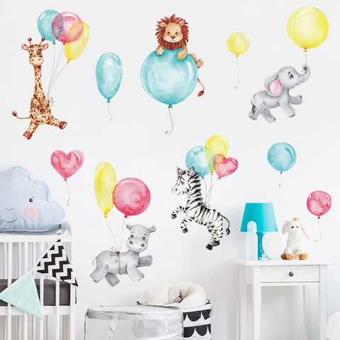 Aquarel Cartoon Dieren Muurstickers PVC Leeuw Olifant Giraf Ballon Wanddecoratie Voor Kinderoppas Kleuterschool