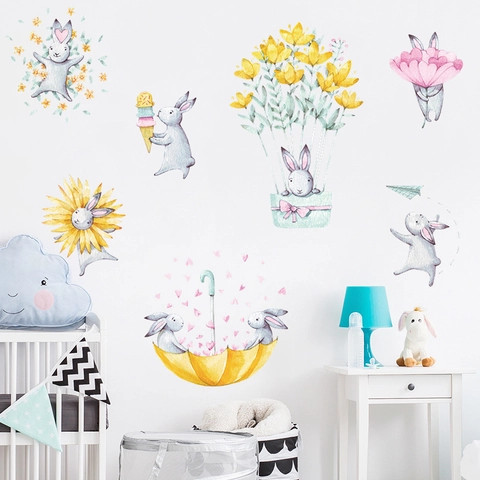 Schattige Aquarel Konijn Bloem Paraplu PVC Muurstickers Voor Kinderslaapkamer Kleuterschool DIY Cartoon Dieren Muurstickers