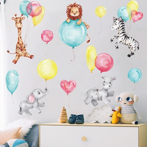 Aquarel Cartoon Dieren Muurstickers PVC Leeuw Olifant Giraf Ballon Wanddecoratie Voor Kinderoppas Kleuterschool