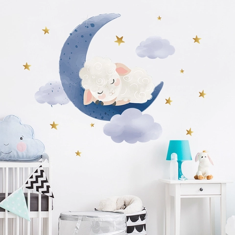 Pegatinas de Pared de Acuarela de Oveja durmiendo en la luna azul para decoración de habitación infantil PVC Luna Estrellas Nubes Calcomanías