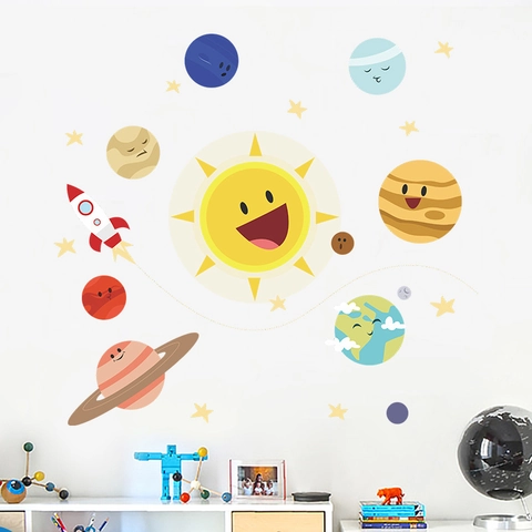 Cartoon Solar System Planets Space Rocket Wall Stickers For Kids Room PVC Removable Educational Nursery Bedroom Wall Decals