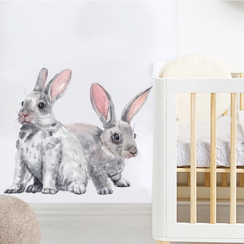 Stickers Muraux Lapin Aquarelle pour Chambre d'Enfant PVC Décoration Animale Autocollant Amovible Décalcomanie Murale Art Maison