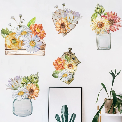 Watercolor Daisy Sunflower Wall Stickers PVC Self Adhesive Flower Wall Decals For Living Room Bedroom Home Decoration