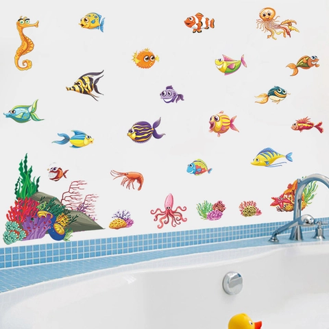 Adesivi Murali a Cartone Animato Mondo Marino Pesci Corallo Impermeabile PVC Decalcomanie Autoadesive per Camera Bambini Bagno