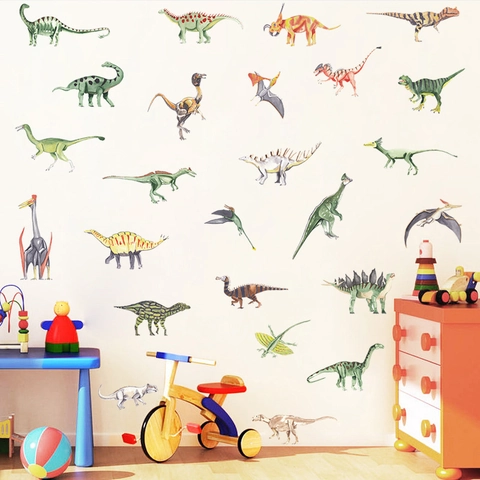 Cartoon Dinosaur Wall Stickers PVC Watercolor Hand Drawn Dinosaur Decals For Kids Bedroom Nursery Room Wall Decor Accessories