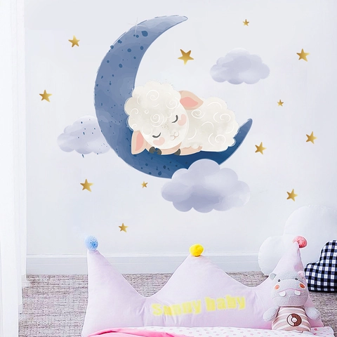 Pegatinas de Pared de Acuarela de Oveja durmiendo en la luna azul para decoración de habitación infantil PVC Luna Estrellas Nubes Calcomanías