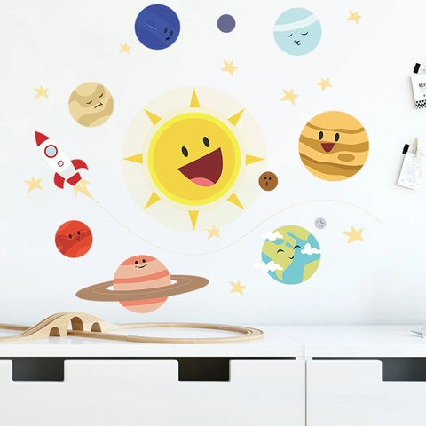Cartoon Solar System Planets Space Rocket Wall Stickers For Kids Room PVC Removable Educational Nursery Bedroom Wall Decals