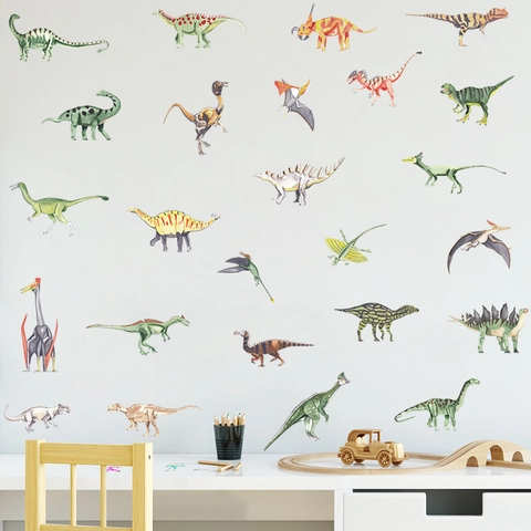 Cartoon Dinosaur Wall Stickers PVC Watercolor Hand Drawn Dinosaur Decals For Kids Bedroom Nursery Room Wall Decor Accessories