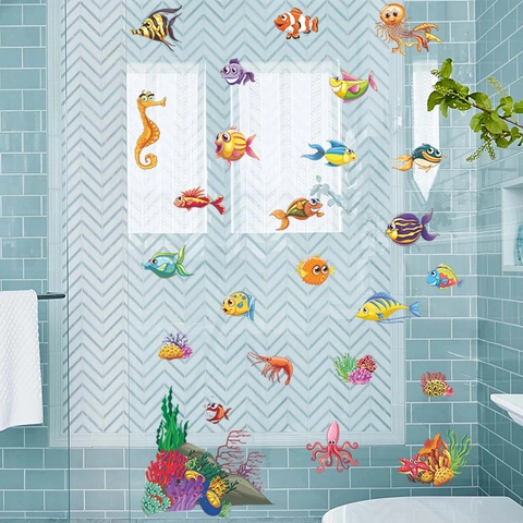 Adesivi Murali a Cartone Animato Mondo Marino Pesci Corallo Impermeabile PVC Decalcomanie Autoadesive per Camera Bambini Bagno