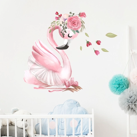 Pink Flamingo Wall Sticker With Flower Crown And Ballet Tutu Watercolor Cartoon PVC Decorative Wall Decal For Kids Girl Bedroom