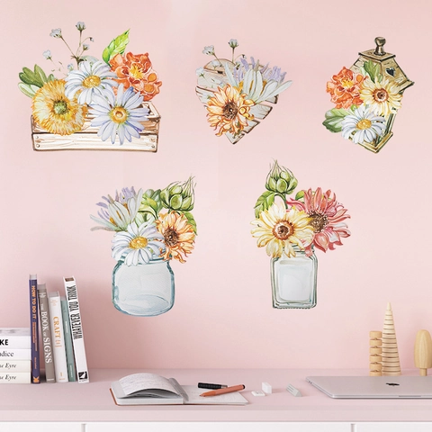 Watercolor Daisy Sunflower Wall Stickers PVC Self Adhesive Flower Wall Decals For Living Room Bedroom Home Decoration