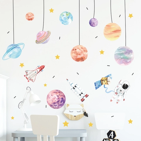 Space Theme Astronaut Planets Rocket Wall Stickers Watercolor Style PVC Wall Decals For Kids Bedroom Nursery Room Decor