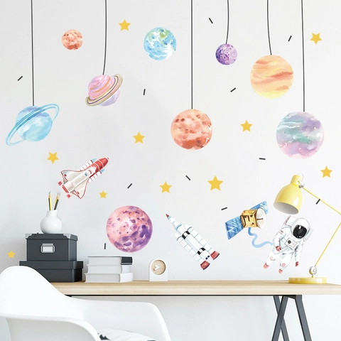Space Theme Astronaut Planets Rocket Wall Stickers Watercolor Style PVC Wall Decals For Kids Bedroom Nursery Room Decor