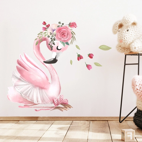Pink Flamingo Wall Sticker With Flower Crown And Ballet Tutu Watercolor Cartoon PVC Decorative Wall Decal For Kids Girl Bedroom