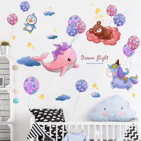Cartoon Watercolor Animal Wall Stickers For Kids Room Nursery Decor Dream Flight Whale Unicorn Bear Clouds Stars PVC Decal