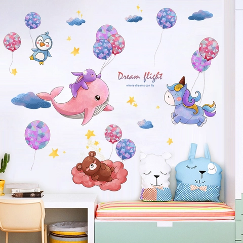 Cartoon Watercolor Animal Wall Stickers For Kids Room Nursery Decor Dream Flight Whale Unicorn Bear Clouds Stars PVC Decal