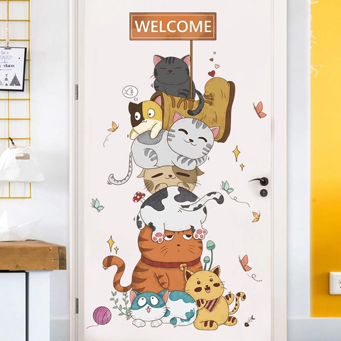 Nordischer Cartoon-Wandaufkleber Mit Stapelbaren Katzen Und Willkommensschild Abnehmbares Selbstklebendes Tür-Tattoo Für Kinderzimmer Heimdekor
