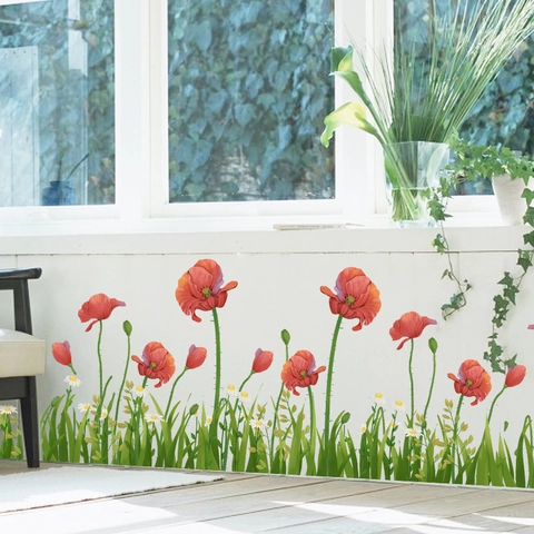 Adesivo da Parete con Papavero Rosso e Erba in PVC Rimovibile Pastorale Margherita Decalcomanie per Soggiorno Camera da Letto Casa