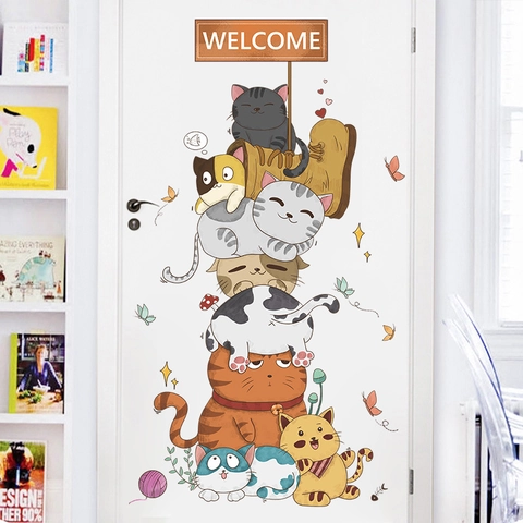 Nordischer Cartoon-Wandaufkleber Mit Stapelbaren Katzen Und Willkommensschild Abnehmbares Selbstklebendes Tür-Tattoo Für Kinderzimmer Heimdekor