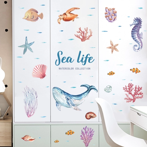 Watercolor Ocean Life Wall Stickers Kids Room Bathroom PVC Self Adhesive Whale Turtle Starfish Coral Decals Nursery Decor