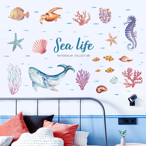 Watercolor Ocean Life Wall Stickers Kids Room Bathroom PVC Self Adhesive Whale Turtle Starfish Coral Decals Nursery Decor