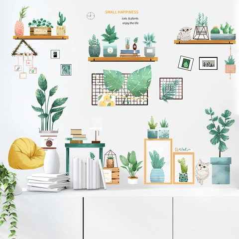 Nordischer Stil PVC Wandaufkleber Pflanzen Katze Topfpflanze Kaktus Abnehmbares Wandtattoo Für Wohnzimmer Schlafzimmer Home Decor