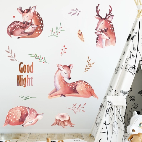 Watercolor Deer Family Wall Stickers Good Night Hand Painted PVC Wall Decals For Kids Room Nursery Bedroom Decoration