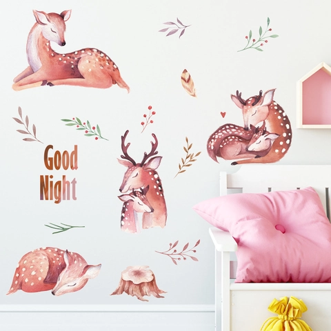 Watercolor Deer Family Wall Stickers Good Night Hand Painted PVC Wall Decals For Kids Room Nursery Bedroom Decoration