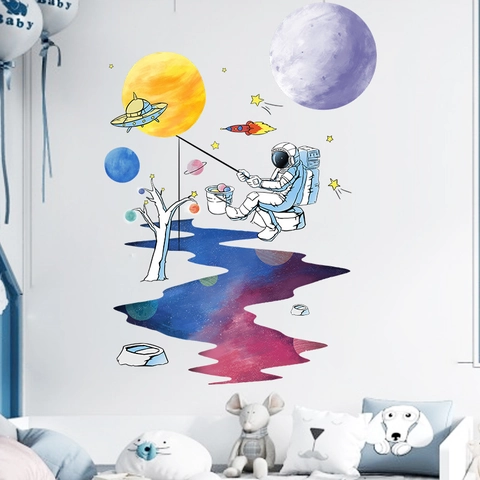 Stickers Muraux Astronaute Dessin Animé Exploration Spatiale Ensemble PVC Auto-Adhésif Décoration Chambre Enfant Maison