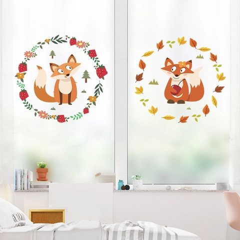 Adesivo Murale Volpe Cartone Animato PVC Rimovibile Decoro Cameretta Ghirlanda Fragola Foglie Per Decorazione Asilo
