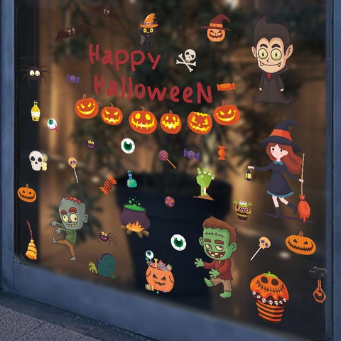Adesivi per Finestre di Halloween Con Zucca Cartone Animato Strega Fantasma PVC Rimovibili Impermeabili per Vetro Casa