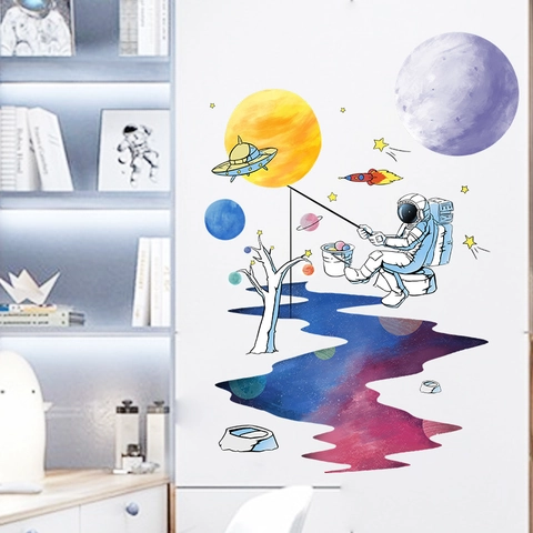 Stickers Muraux Astronaute Dessin Animé Exploration Spatiale Ensemble PVC Auto-Adhésif Décoration Chambre Enfant Maison
