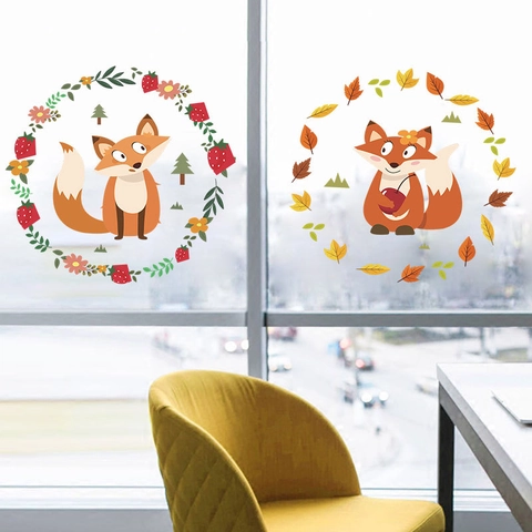 Adesivo Murale Volpe Cartone Animato PVC Rimovibile Decoro Cameretta Ghirlanda Fragola Foglie Per Decorazione Asilo