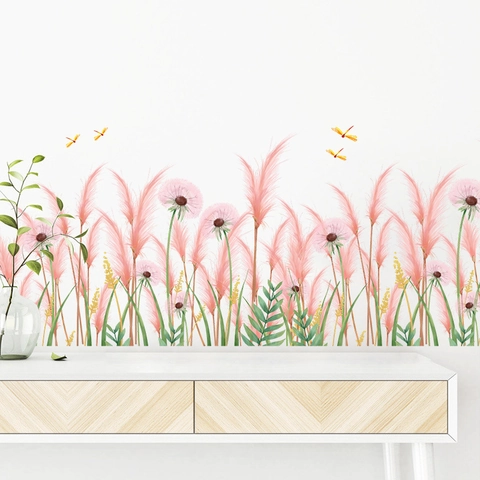 Rosa Schilf Löwenzahn Libelle Fußleiste Wandaufkleber PVC Selbstklebend Aquarell Blume Wandtattoo Für Wohnzimmer Schlafzimmer Deko