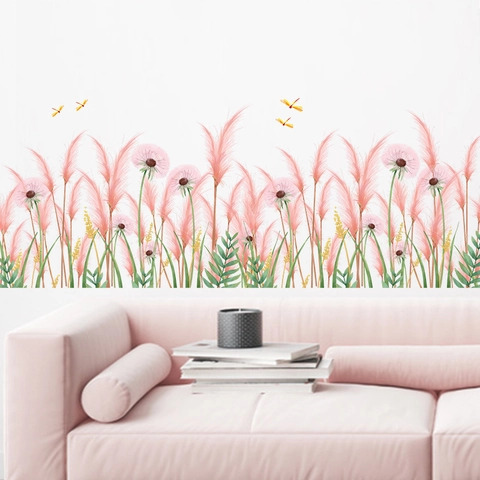 Rosa Schilf Löwenzahn Libelle Fußleiste Wandaufkleber PVC Selbstklebend Aquarell Blume Wandtattoo Für Wohnzimmer Schlafzimmer Deko