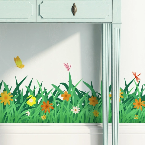 Spring Green Grass Butterfly Flower Wall Stickers PVC Removable Skirting Waistline Decor For Living Room Bedroom