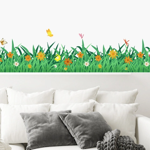 Spring Green Grass Butterfly Flower Wall Stickers PVC Removable Skirting Waistline Decor For Living Room Bedroom
