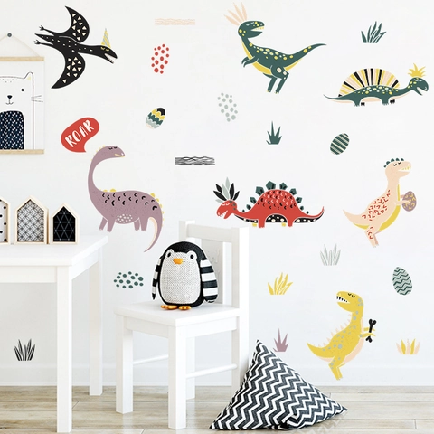 Stickers Muraux Dinosaure Dessin Animé pour Chambre d'Enfant PVC Autocollants Imperméable Décoration Murale Animal