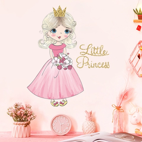 Stickers Muraux Petite Princesse Dessin Animé Amovibles PVC Robe Rose Fille Décalcomanies pour Filles Chambre d'Enfant Décoration Intérieure