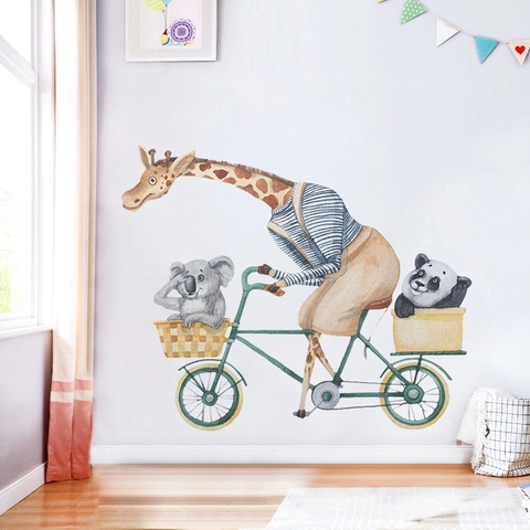 Watercolor Cartoon Giraffe Panda Koala Riding Bicycle Wall Stickers PVC Hand-painted Animal Wall Decals For Kids Nursery Home Decor