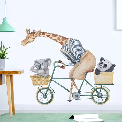 Watercolor Cartoon Giraffe Panda Koala Riding Bicycle Wall Stickers PVC Hand-painted Animal Wall Decals For Kids Nursery Home Decor