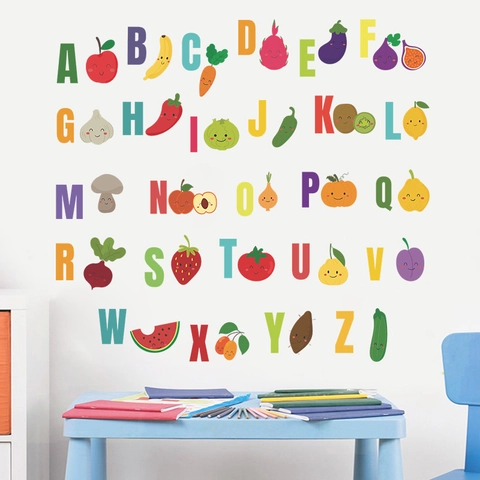 Educational 26 English Alphabets Wall Stickers Cartoon Fruit Vegetable PVC Self Adhesive Decal For Kids Room School Decor