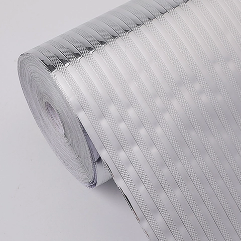 Aluminiumfolie Küche Ölbeständig Wandtattoo Silber Gestreift Selbstklebend PET Dekorative Tapete Für Schrank Herd