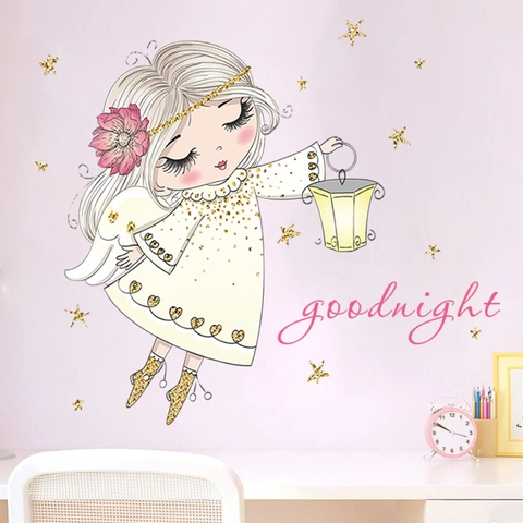 Αυτοκόλλητο Τοίχου PVC Άγγελος Με Αστέρια Goodnight Κείμενο Αφαιρούμενο Διακοσμητικό Τοίχου για Παιδικό Δωμάτιο