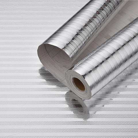 Aluminiumfolie Küche Ölbeständig Wandtattoo Silber Gestreift Selbstklebend PET Dekorative Tapete Für Schrank Herd