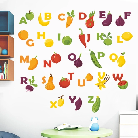 Adesivo da Parete Lettere Alfabeto Inglese Cartone Animato Frutta Verdura per Camera Bambini Educativo PVC Autoadesivo Decalcomania Decorazione