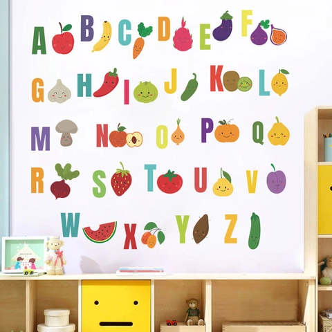 Educational 26 English Alphabets Wall Stickers Cartoon Fruit Vegetable PVC Self Adhesive Decal For Kids Room School Decor